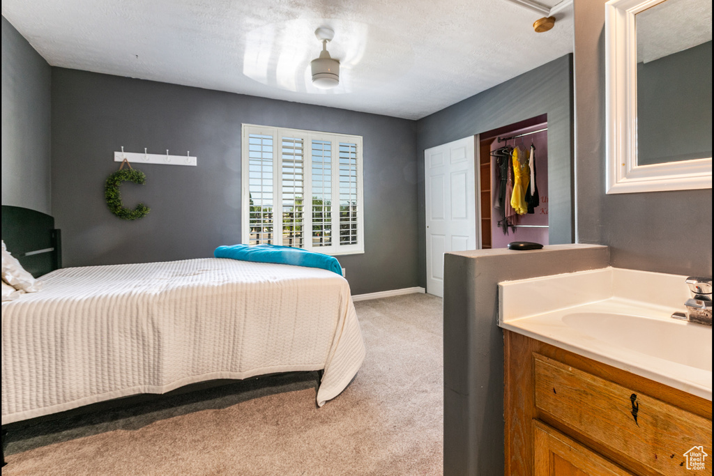 Bedroom with light carpet and a closet