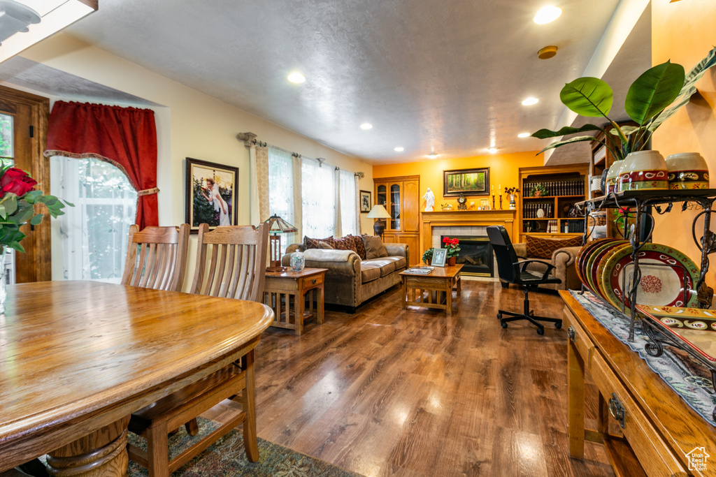 Living area featuring recessed lighting, wood finished floors, and a fireplace