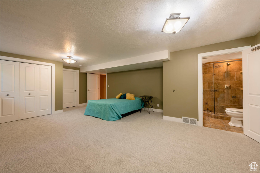 Bedroom featuring multiple closets, ensuite bathroom, a textured ceiling, and carpet floors