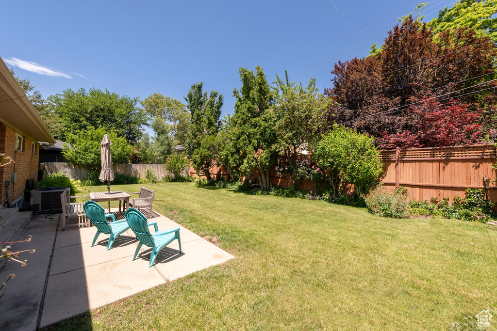 Fenced backyard featuring a patio