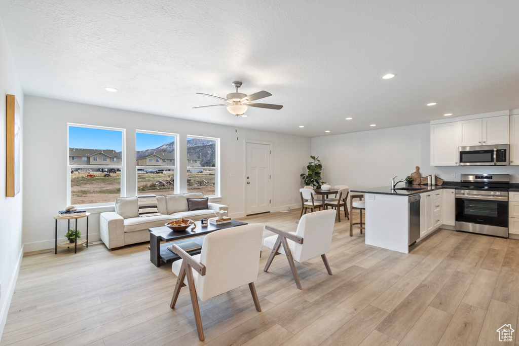 Living area with light wood-type flooring, recessed lighting, and a ceiling fan