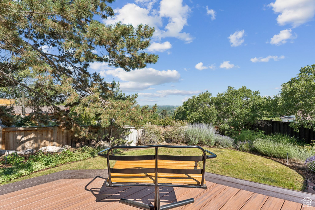 Wooden deck featuring a fenced backyard