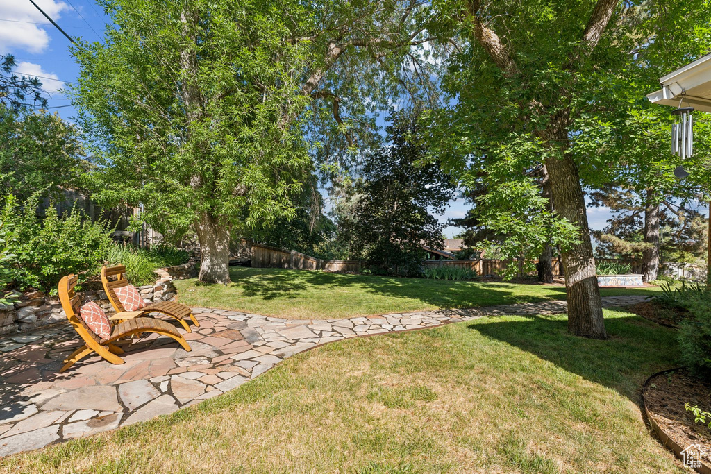 Fenced backyard with a patio area