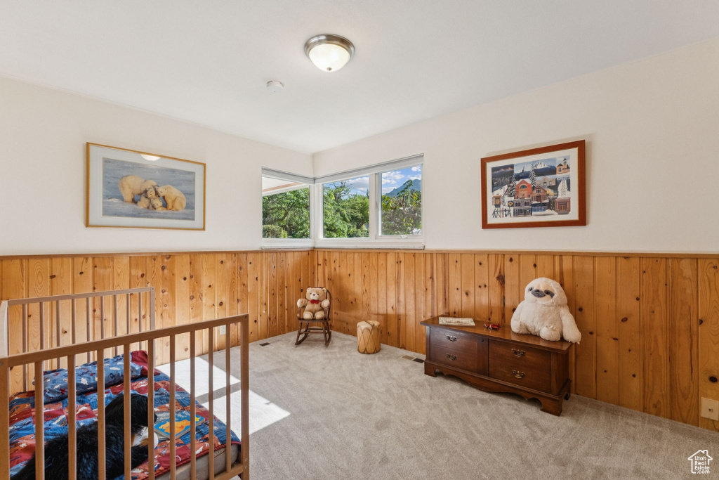 Bedroom with carpet, a wainscoted wall, and wood walls