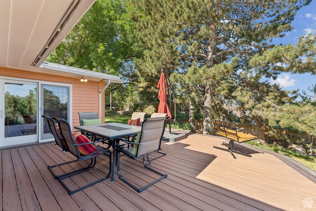 Wooden deck featuring outdoor dining space