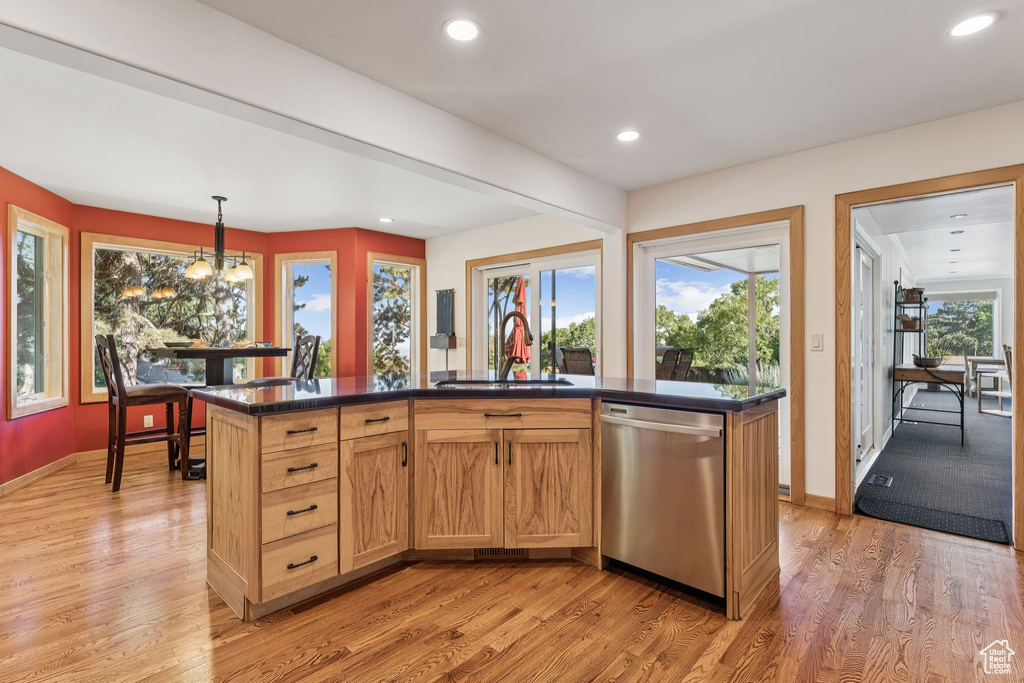 Kitchen with stainless steel dishwasher, dark countertops, light wood-style flooring, and recessed lighting