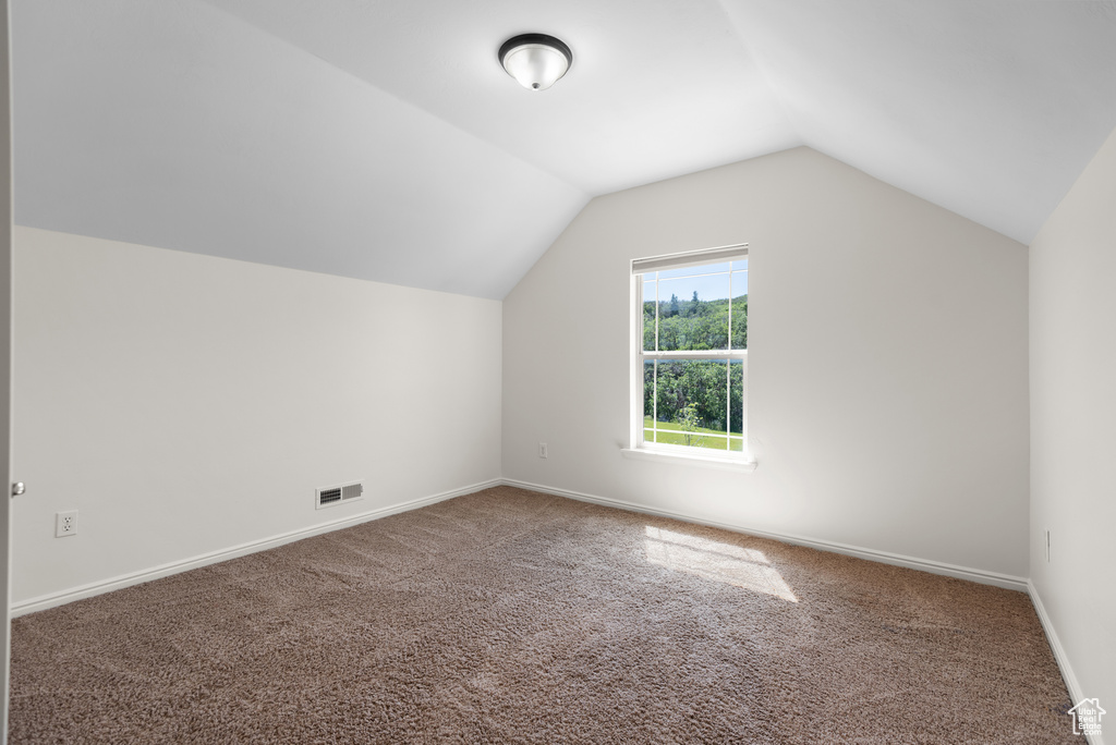 Additional living space with carpet flooring and lofted ceiling