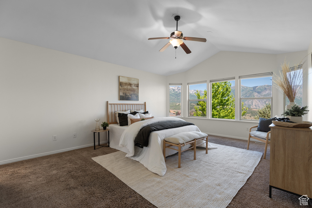 Carpeted bedroom featuring lofted ceiling and ceiling fan