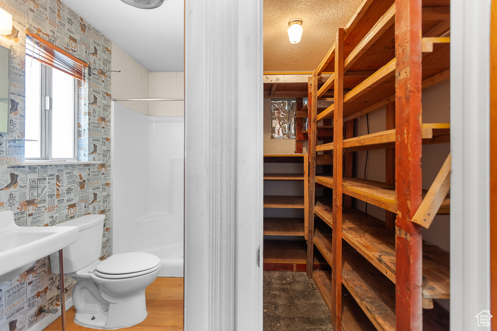 Bathroom with a shower stall and toilet