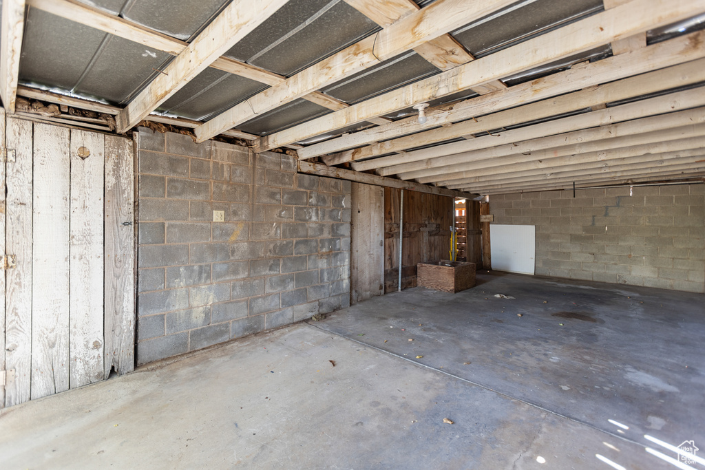 Garage with concrete block wall