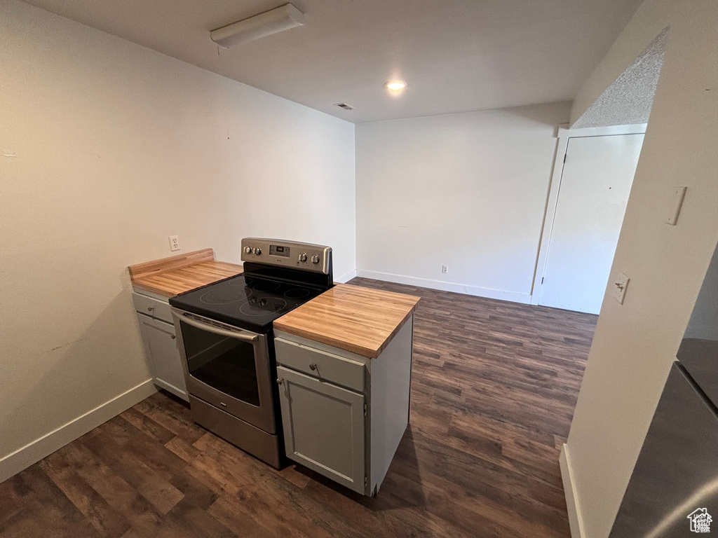 Kitchen with electric stove, a peninsula, butcher block counters, dark wood finished floors, and recessed lighting