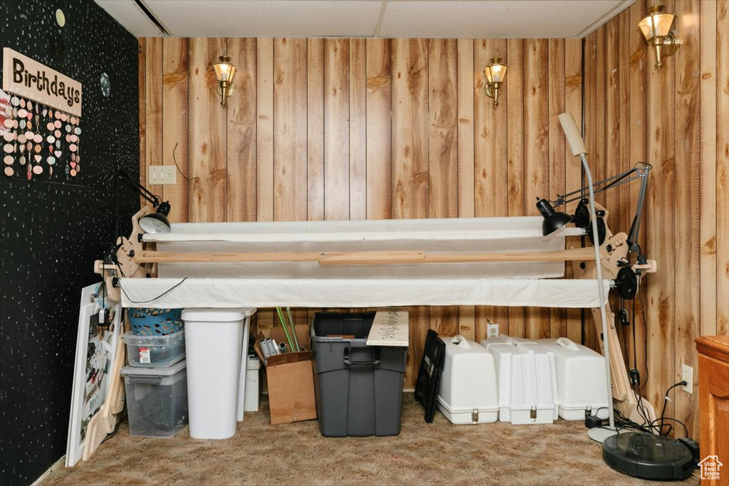 Misc room featuring carpet flooring and wooden walls