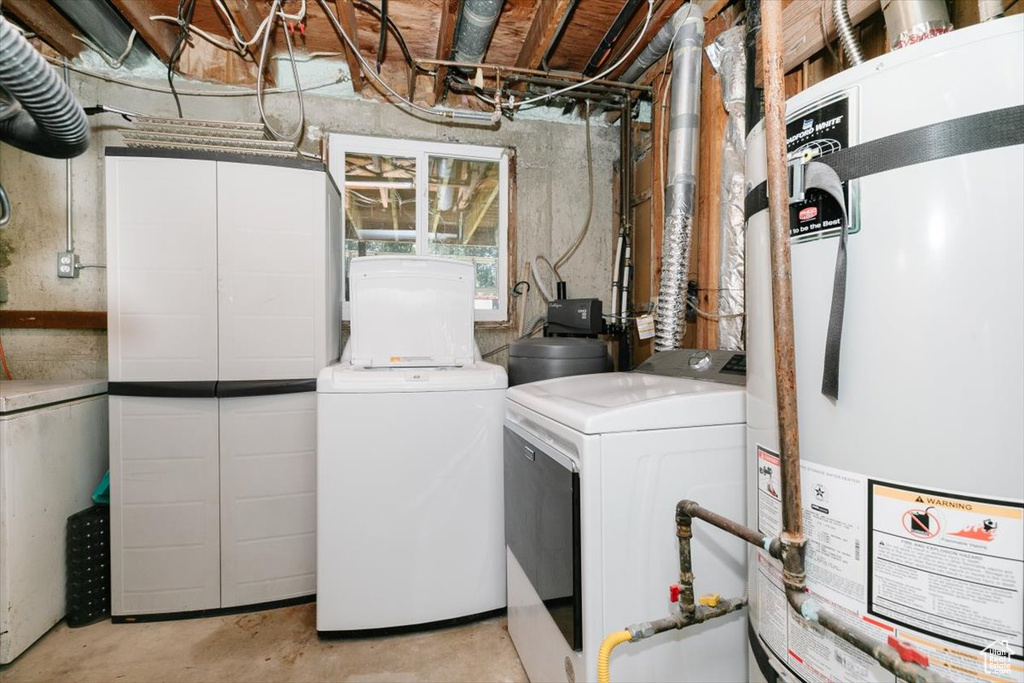 Laundry area with strapped water heater and separate washer and dryer