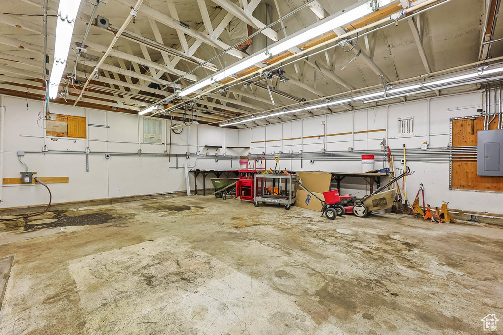 Garage featuring electric panel