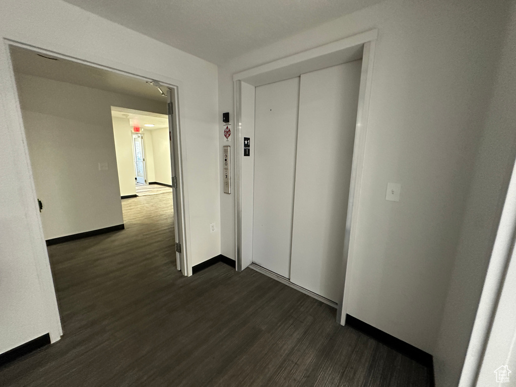 Hallway with dark wood finished floors and elevator
