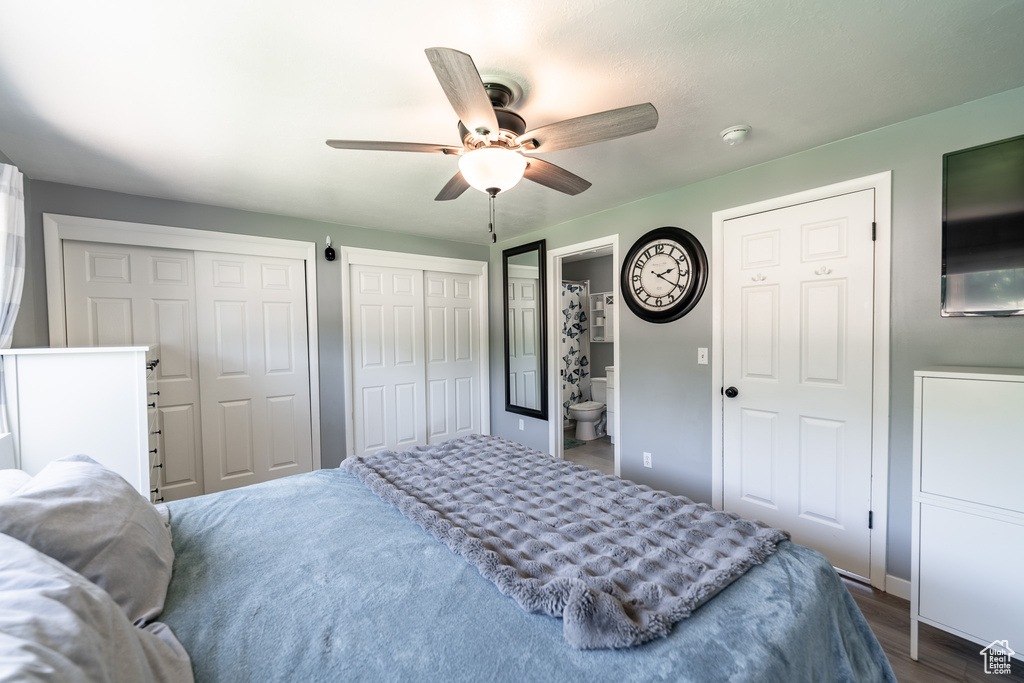 Bedroom with multiple closets, dark wood-type flooring, and a ceiling fan