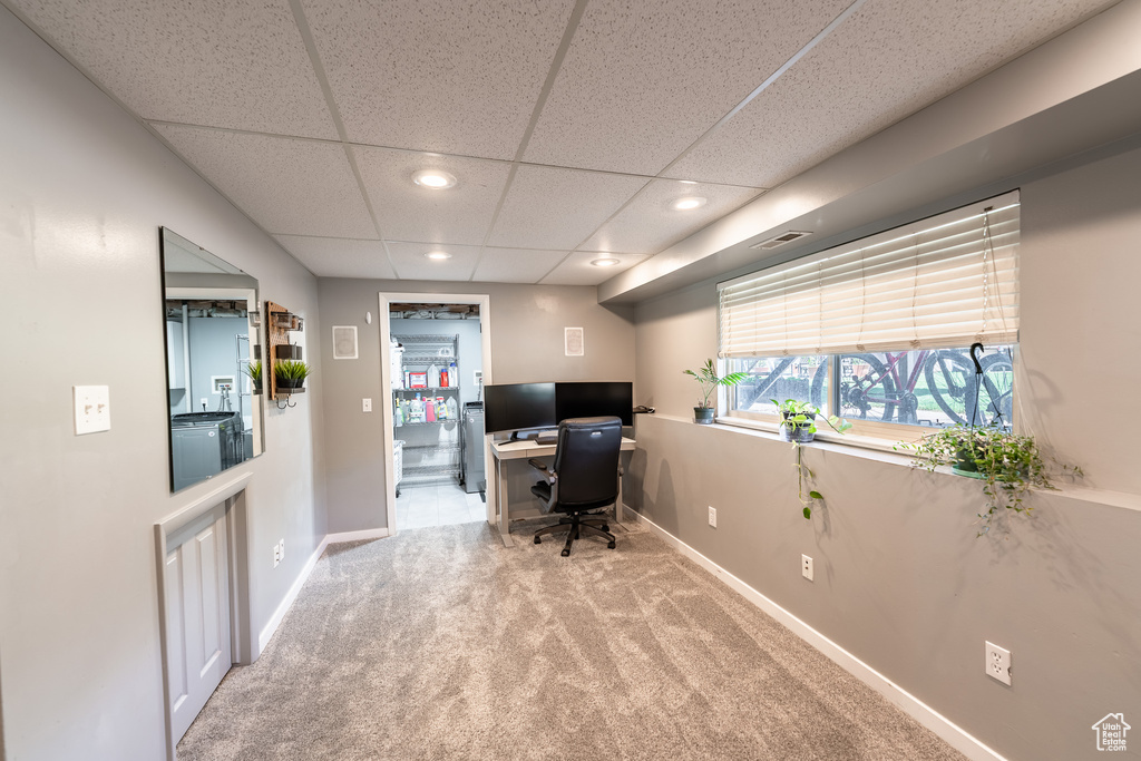 Office with carpet flooring, recessed lighting, and a paneled ceiling
