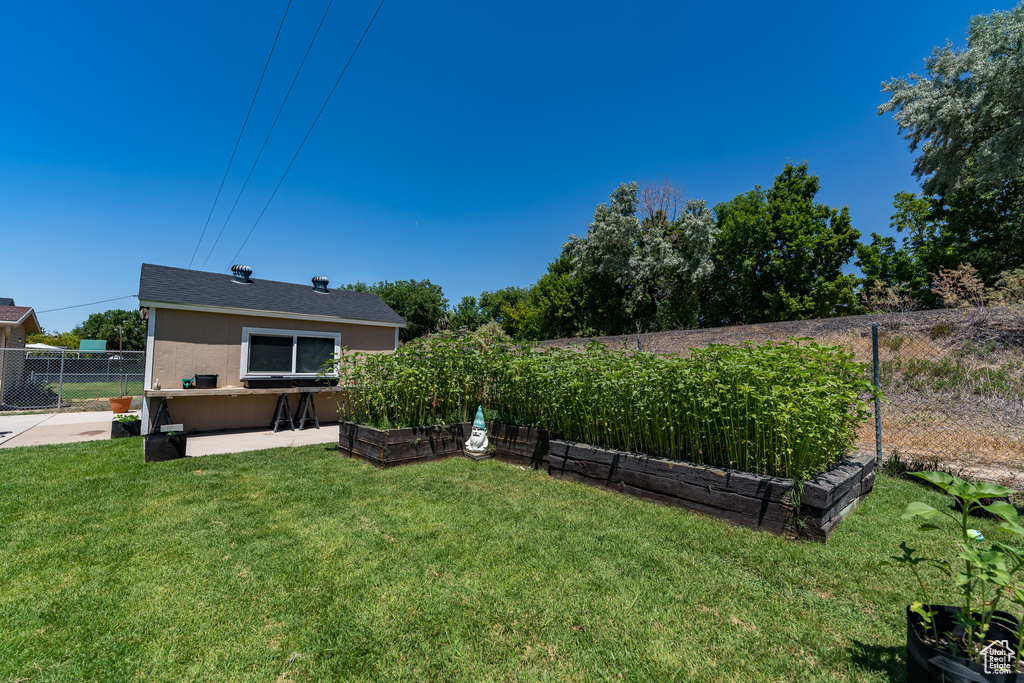 Fenced backyard featuring a patio