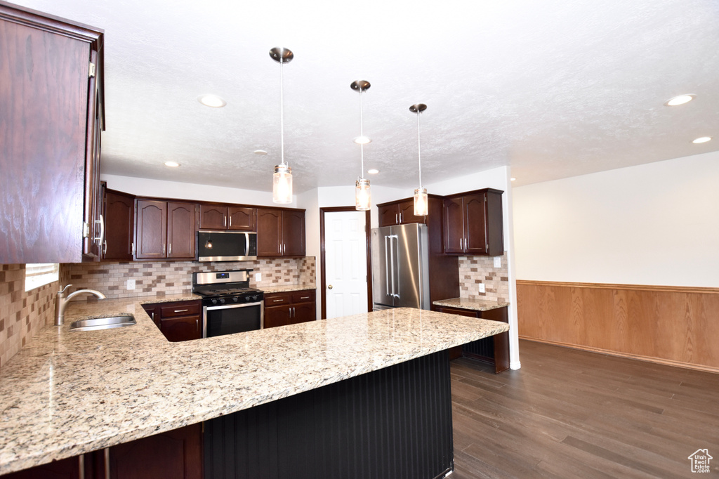 Kitchen featuring stainless steel appliances, dark brown cabinetry, a peninsula, tasteful backsplash, and wainscoting