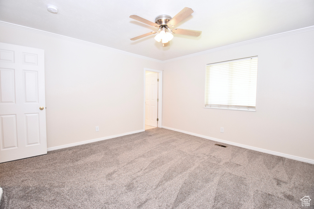 Carpeted spare room with ornamental molding, a ceiling fan, and a smoke detector