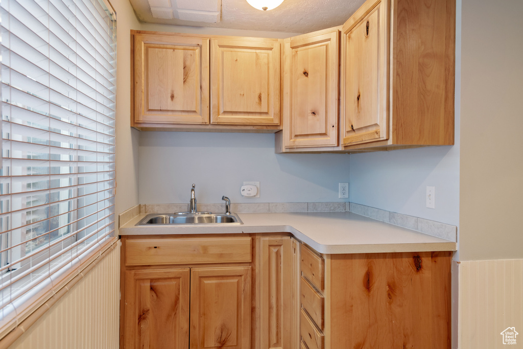 Kitchen featuring light brown cabinets and light countertops