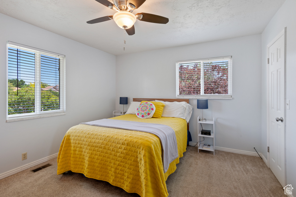 Carpeted bedroom featuring multiple windows and ceiling fan