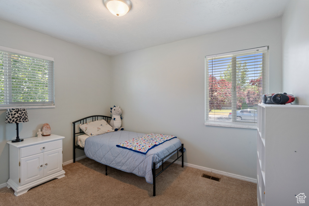 Bedroom with light carpet