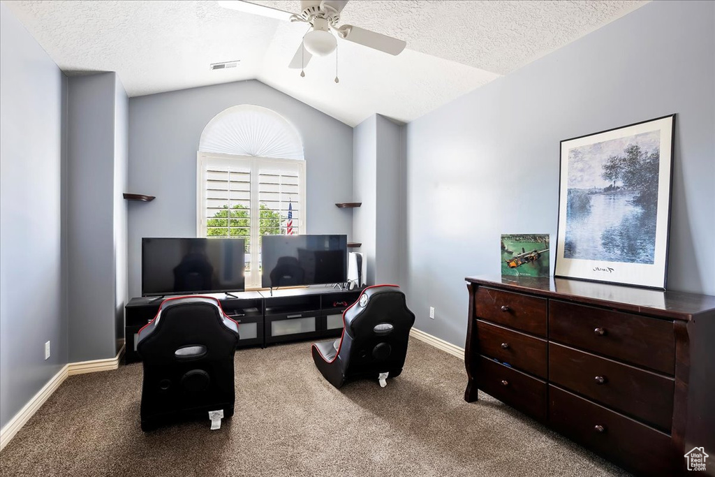 Sitting room featuring vaulted ceiling, ceiling fan, carpet, and a textured ceiling