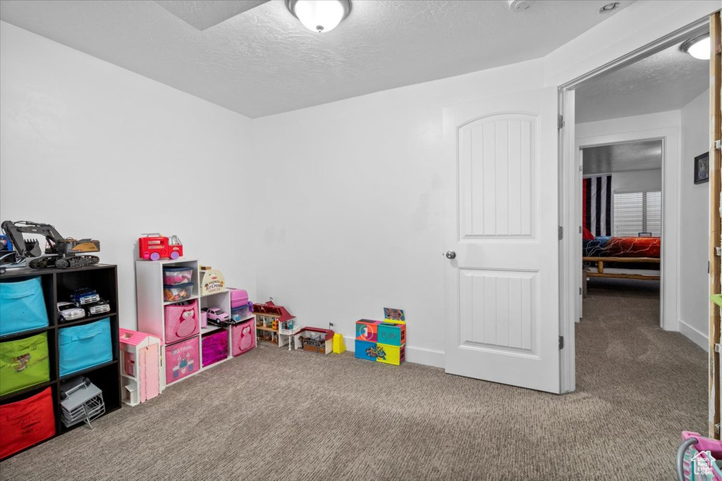 Game room featuring carpet flooring and a textured ceiling