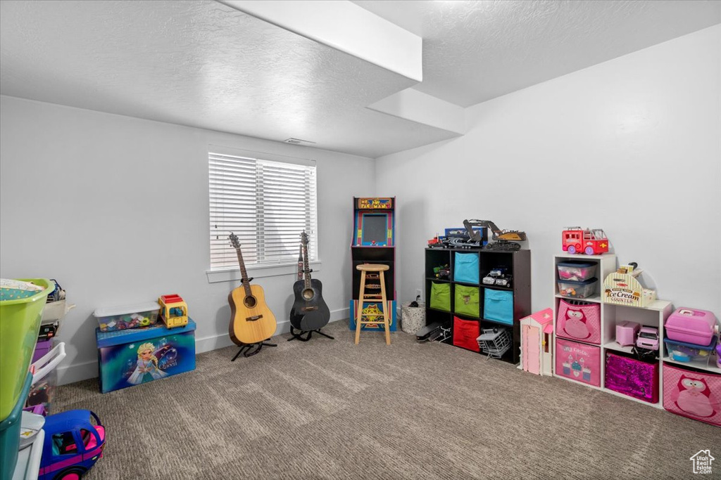 Recreation room featuring carpet and a textured ceiling