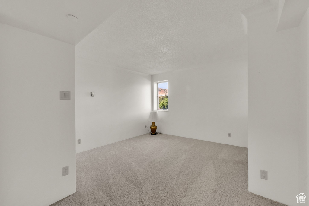 Spare room featuring carpet flooring and a textured ceiling