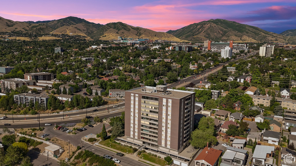 Aerial view at dusk of a mountain view