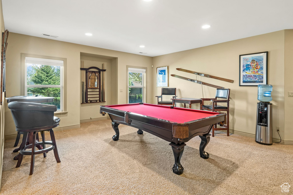 Playroom featuring light colored carpet, billiards table, and recessed lighting
