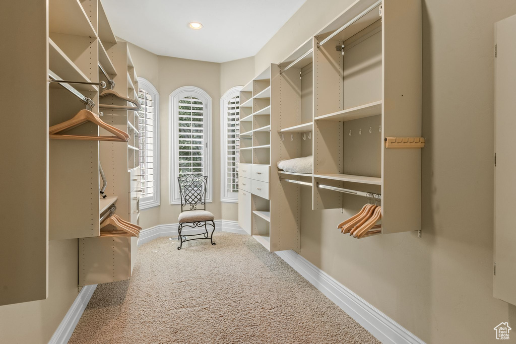 Spacious closet with carpet floors