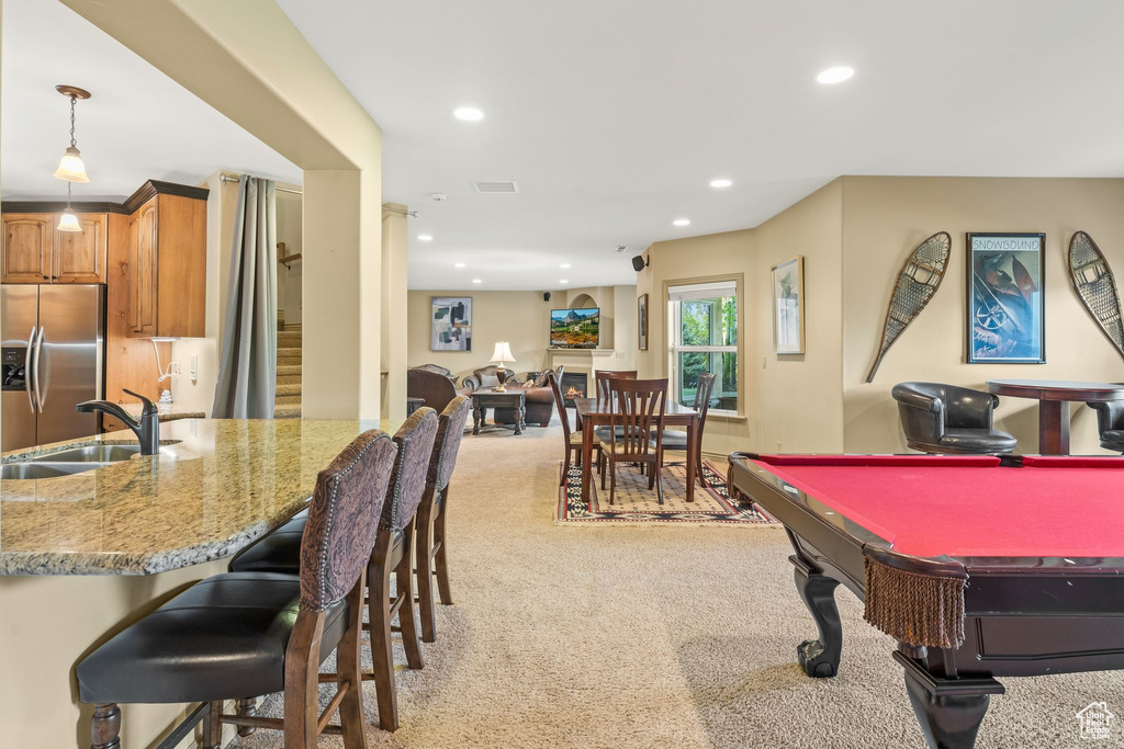 Rec room with light colored carpet, pool table, and recessed lighting