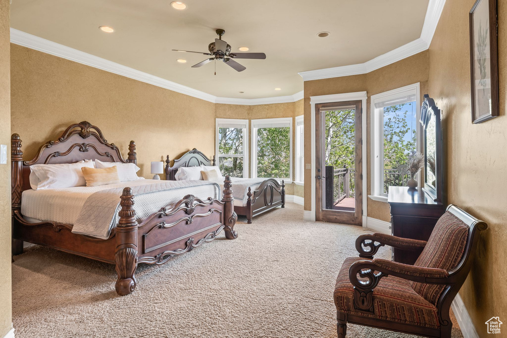 Carpeted bedroom with access to outside, recessed lighting, crown molding, and a ceiling fan