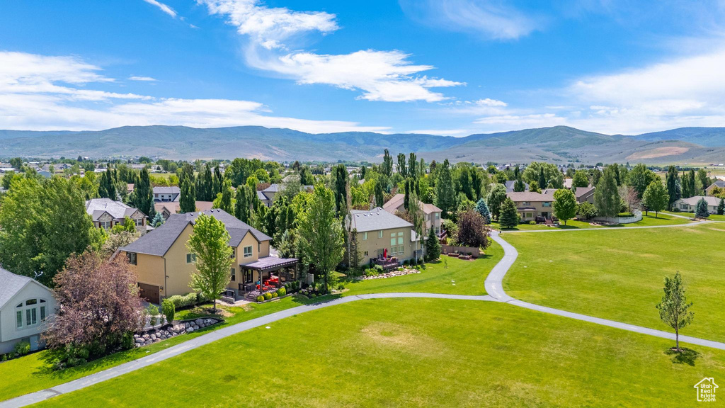 Aerial perspective of suburban area with mountains