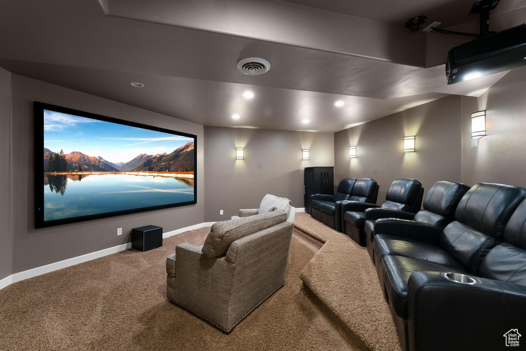 Home theater room with carpet flooring and recessed lighting