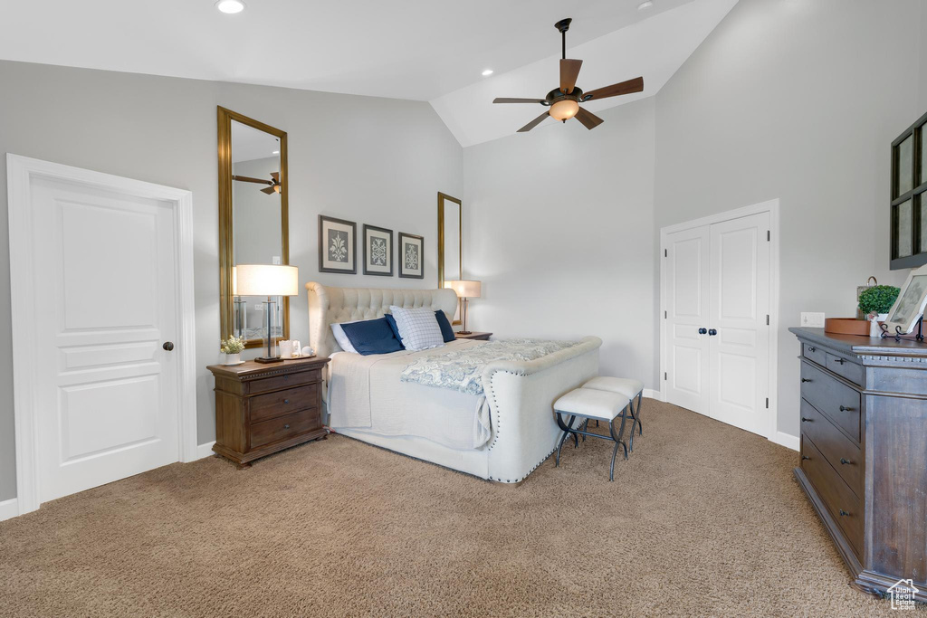 Bedroom featuring vaulted ceiling, carpet floors, recessed lighting, and ceiling fan