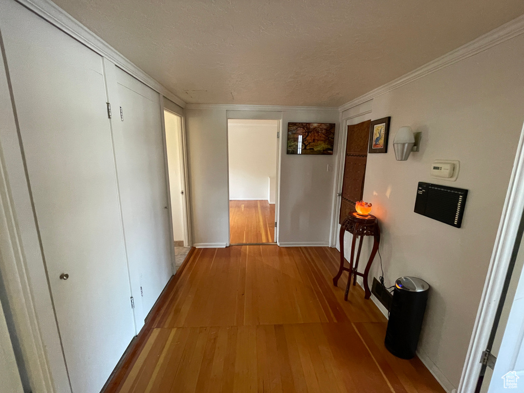 Hall with hardwood / wood-style floors, ornamental molding, and a textured ceiling