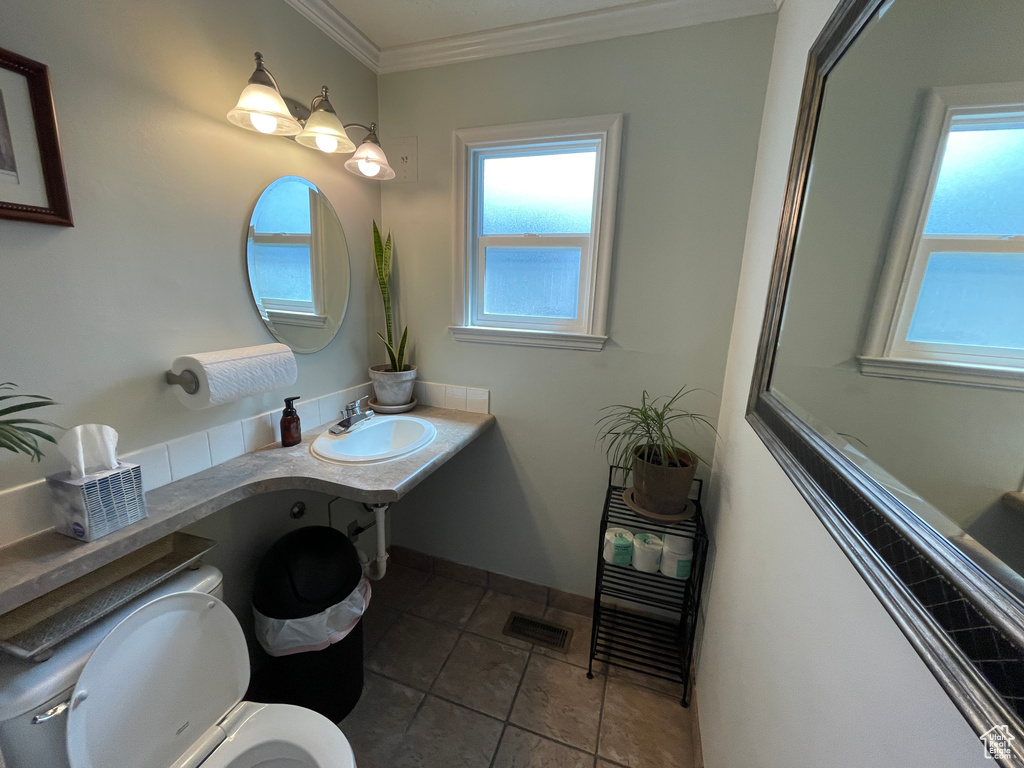 Bathroom featuring tile patterned flooring, crown molding, and plenty of natural light