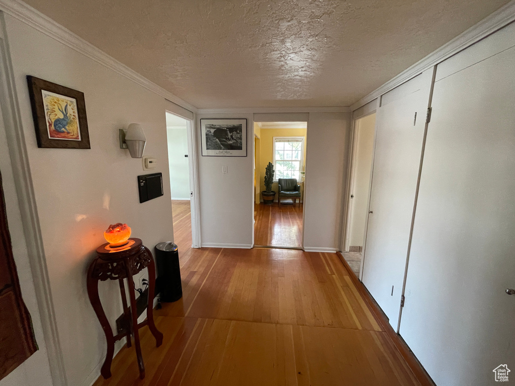 Corridor featuring hardwood / wood-style floors, a textured ceiling, and crown molding