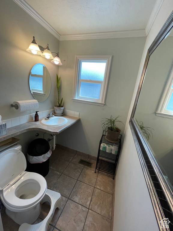 Bathroom featuring ornamental molding and tile patterned floors