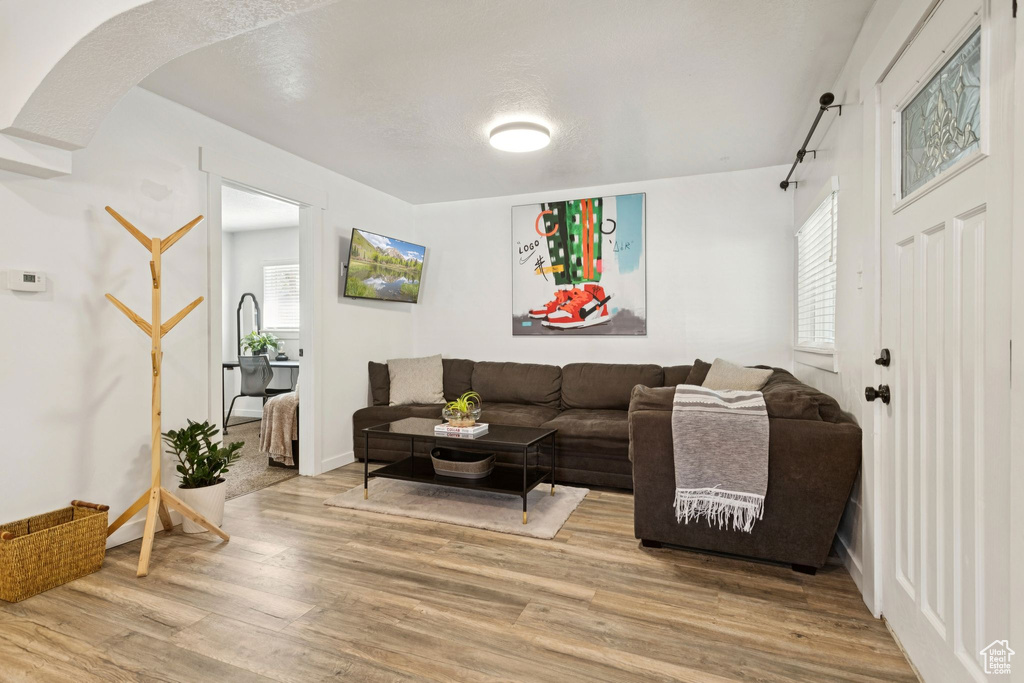 Living area featuring wood finished floors and arched walkways