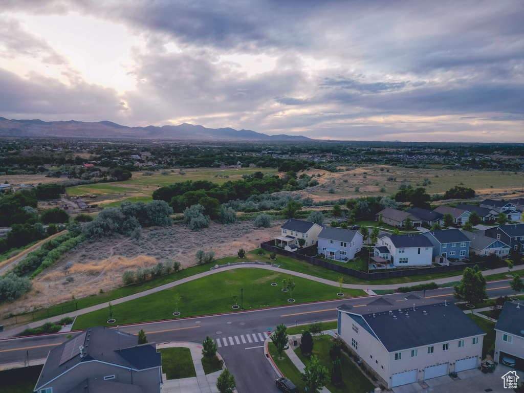 Aerial view of residential area with mountains
