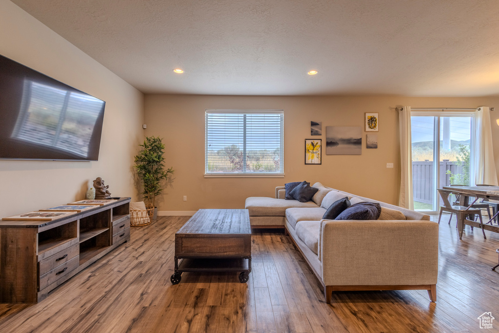 Living area with wood finished floors and recessed lighting