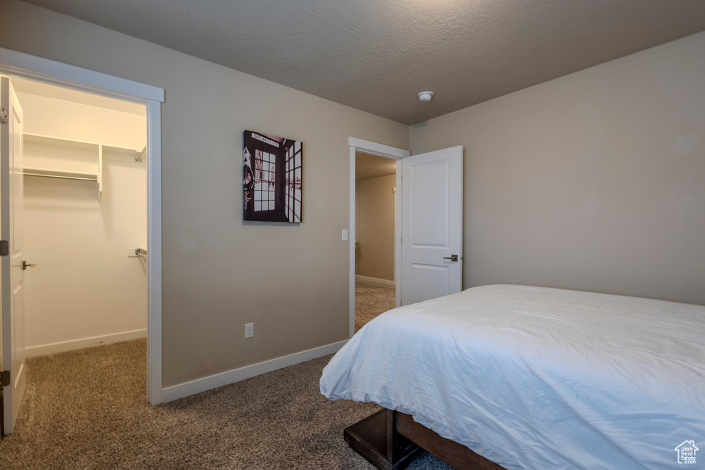 Bedroom featuring carpet flooring, a spacious closet, and a textured ceiling