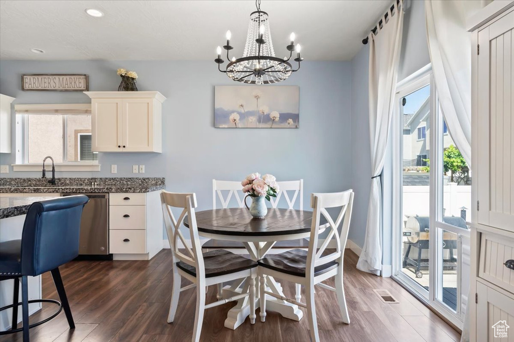 Dining area with plenty of natural light, dark wood finished floors, and recessed lighting