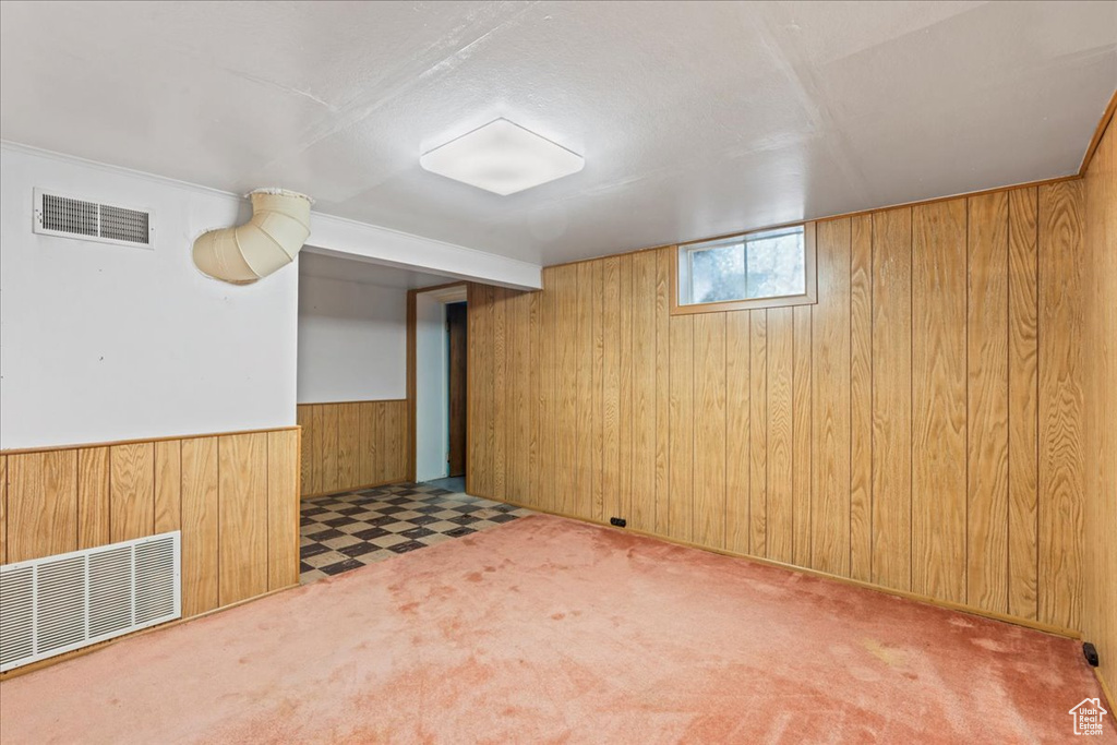 Basement featuring wooden walls and a wainscoted wall