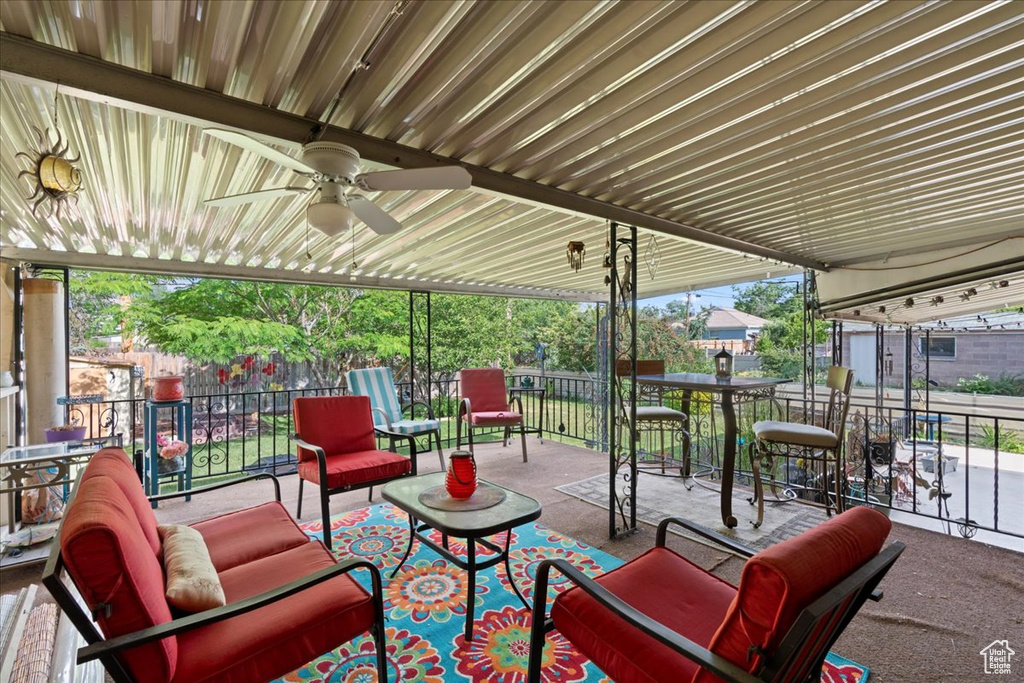 View of patio / terrace featuring outdoor lounge area and ceiling fan